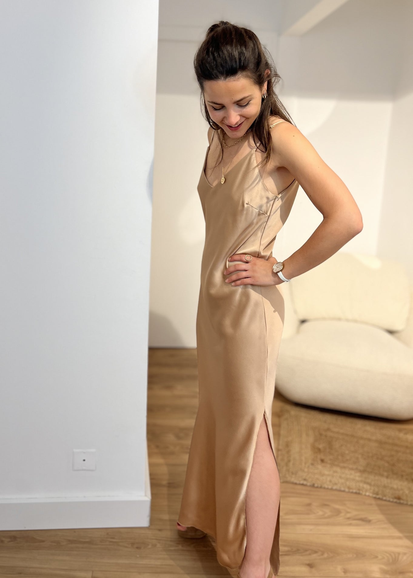Robe longue bretelle satin Camille BEIGE