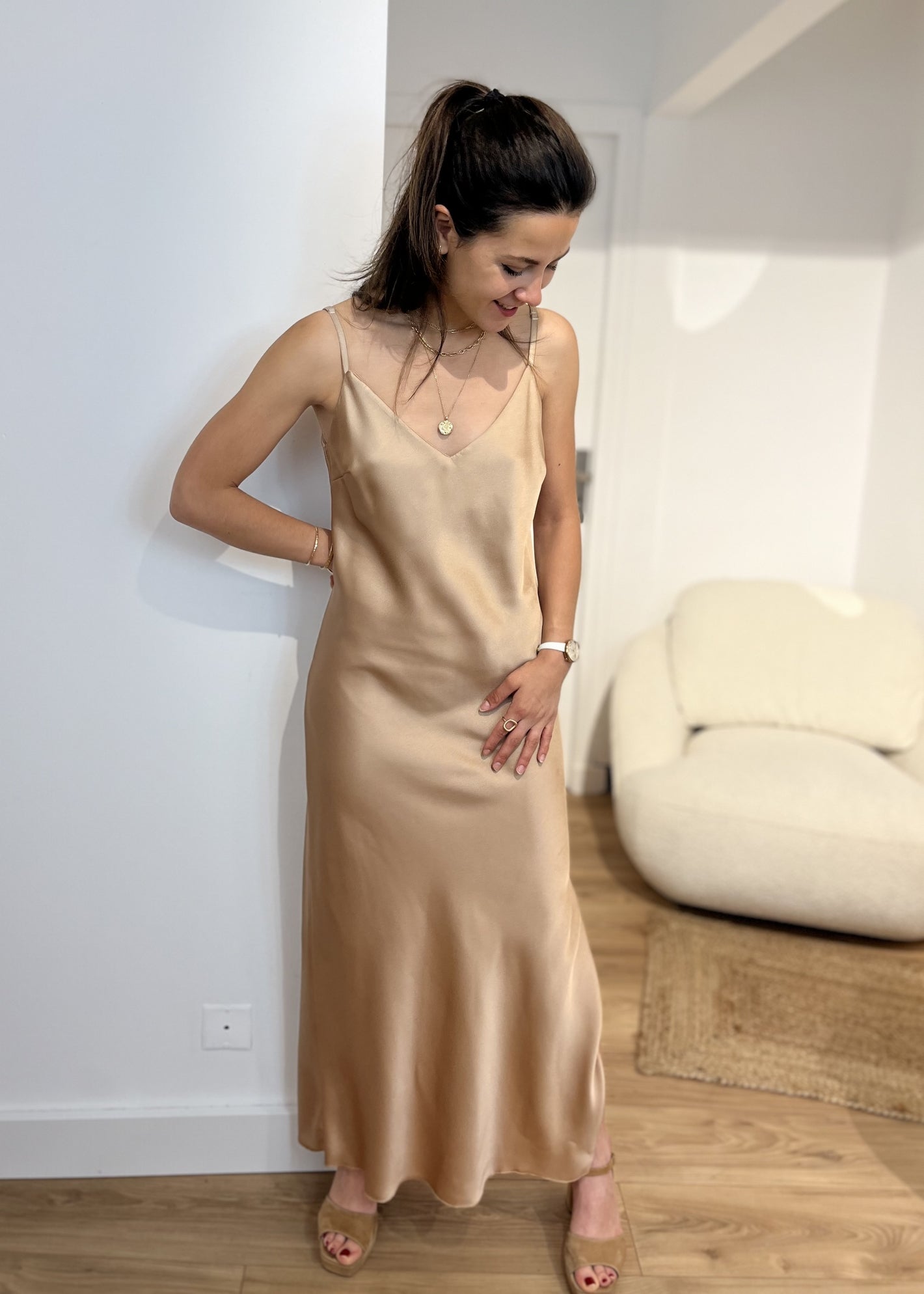Robe longue bretelle satin Camille BEIGE