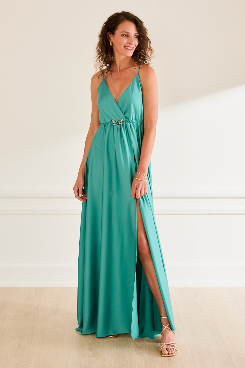 Robe longue dynastie - satin fluide et bretelles PAON