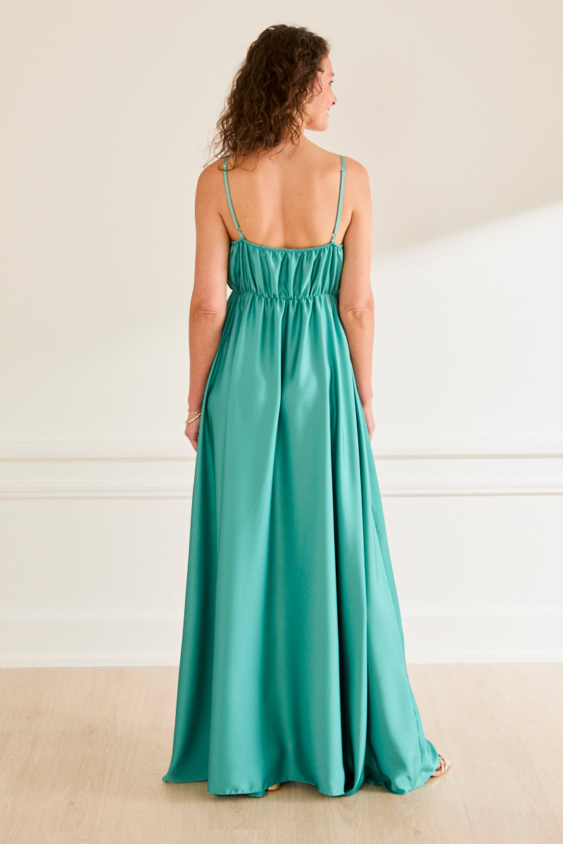 Robe longue dynastie - satin fluide et bretelles PAON