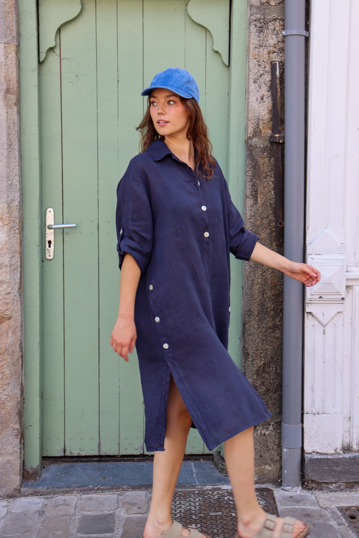 Robe longue en lin églantine MARINE