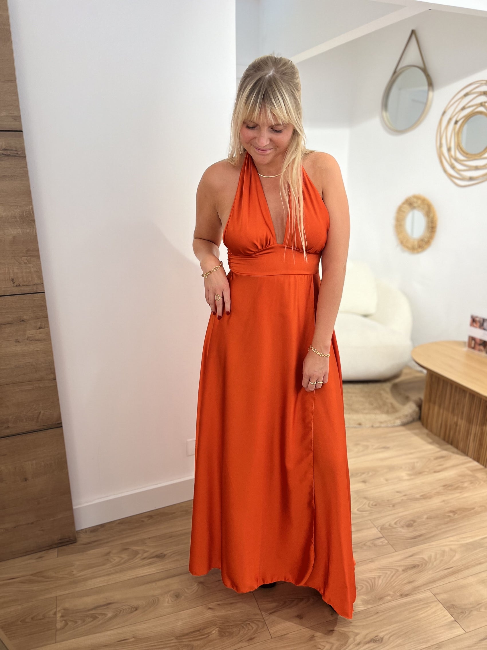 Robe longue satinée dos nu Jeanne ORANGE