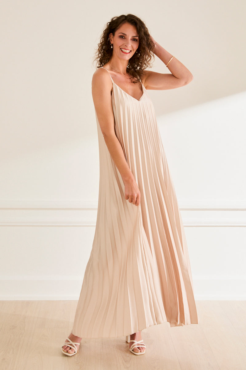 Robe plissée longue & fluide Pia - bretelles réglables BEIGE