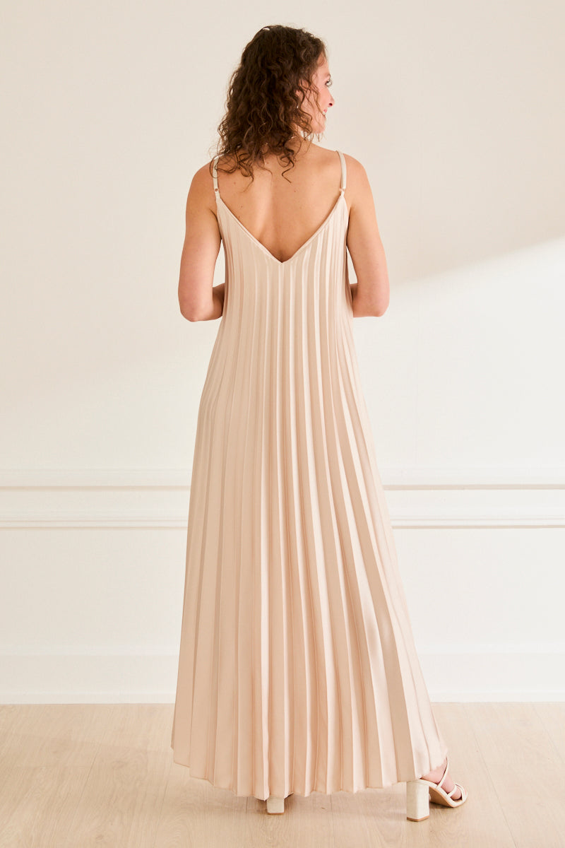 Robe plissée longue & fluide Pia - bretelles réglables BEIGE