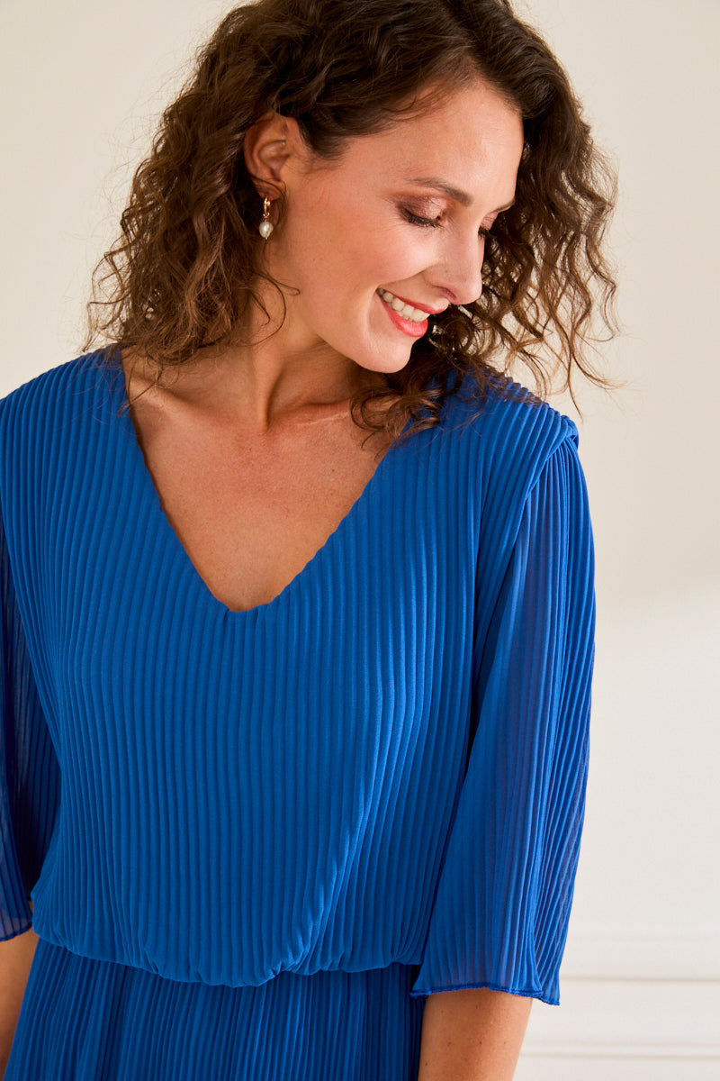 Robe plissée midi Armelle - col v fluide ROYAL