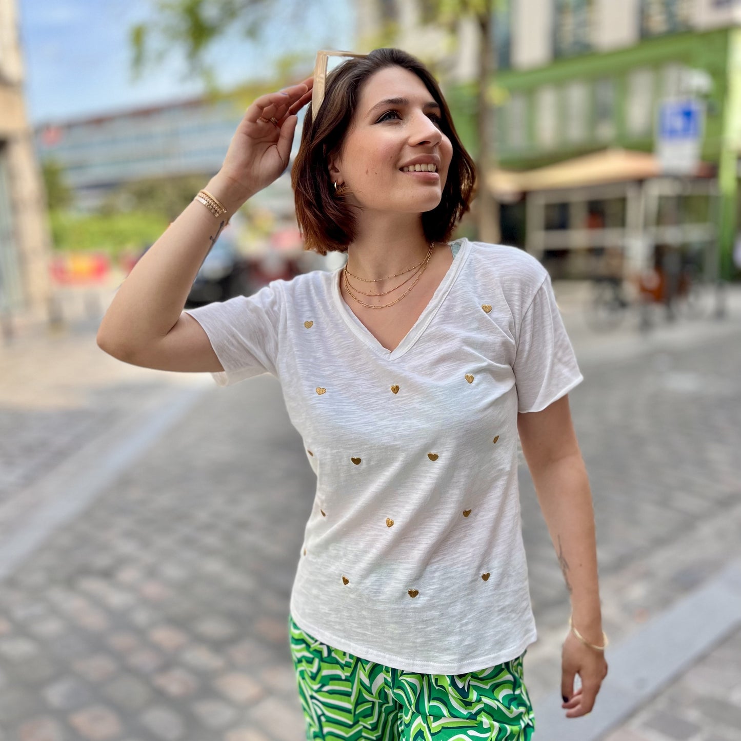 Tee shirt multi coeurs BLANC/OR