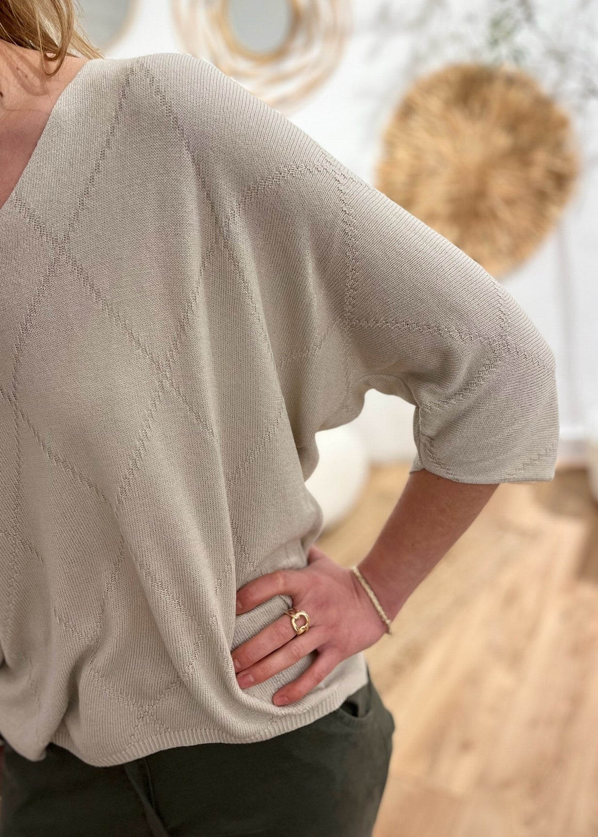 Pull col v texturé TAUPE