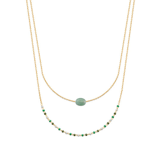 Collier double plaqué or & pierre naturelle aventurine 