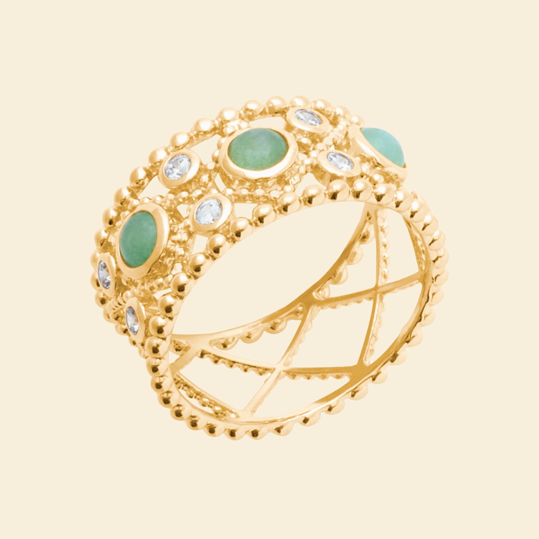 Bague ajourée plaqué or - pierre naturelle aventurine 
