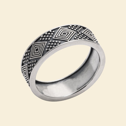 Bague homme en argent rhodié - motif géométrique 