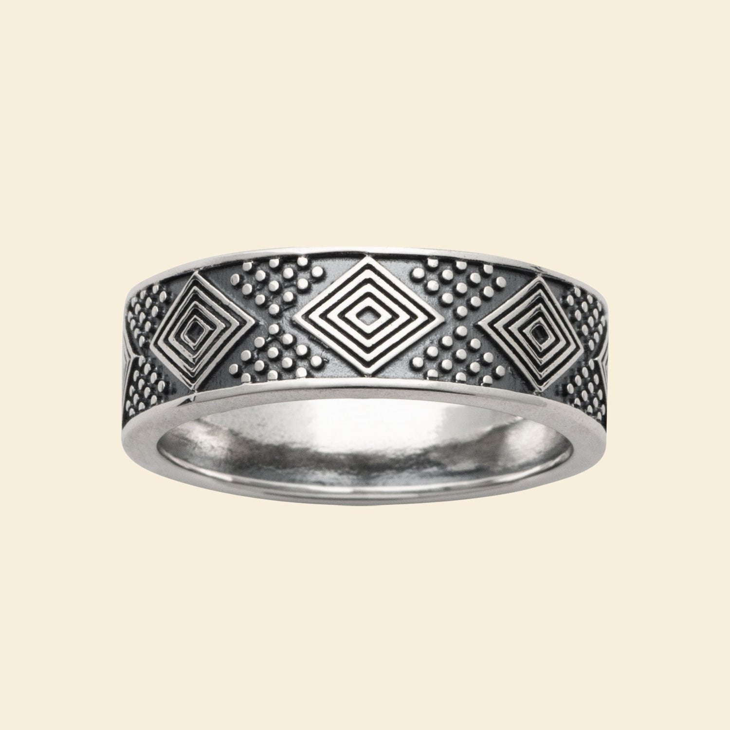 Bague homme en argent rhodié - motif géométrique 