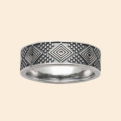 Bague homme en argent rhodié - motif géométrique 