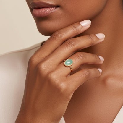 Bague ovale plaqué or - pierre naturelle aventurine 