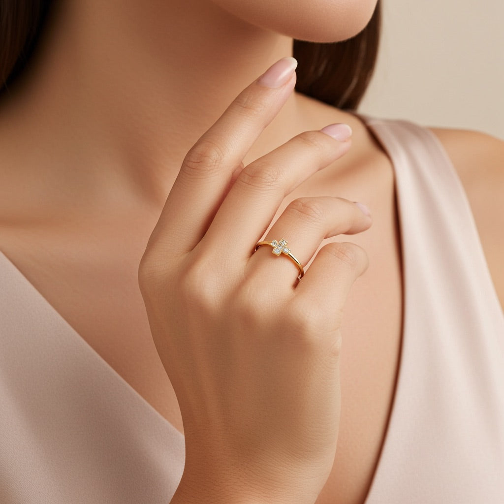 Bague plaqué or croix - éclat discret