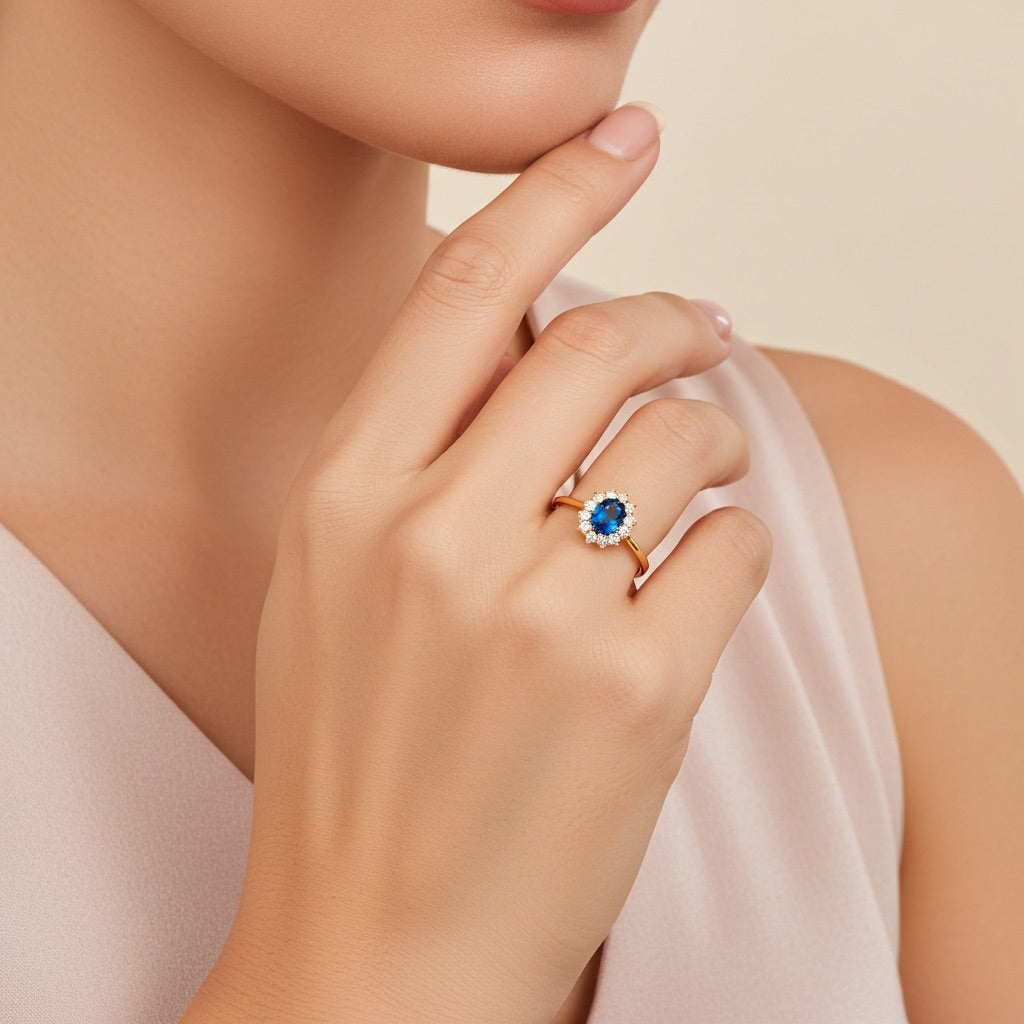 Bague plaqué or Diana - pierre bleue intense 