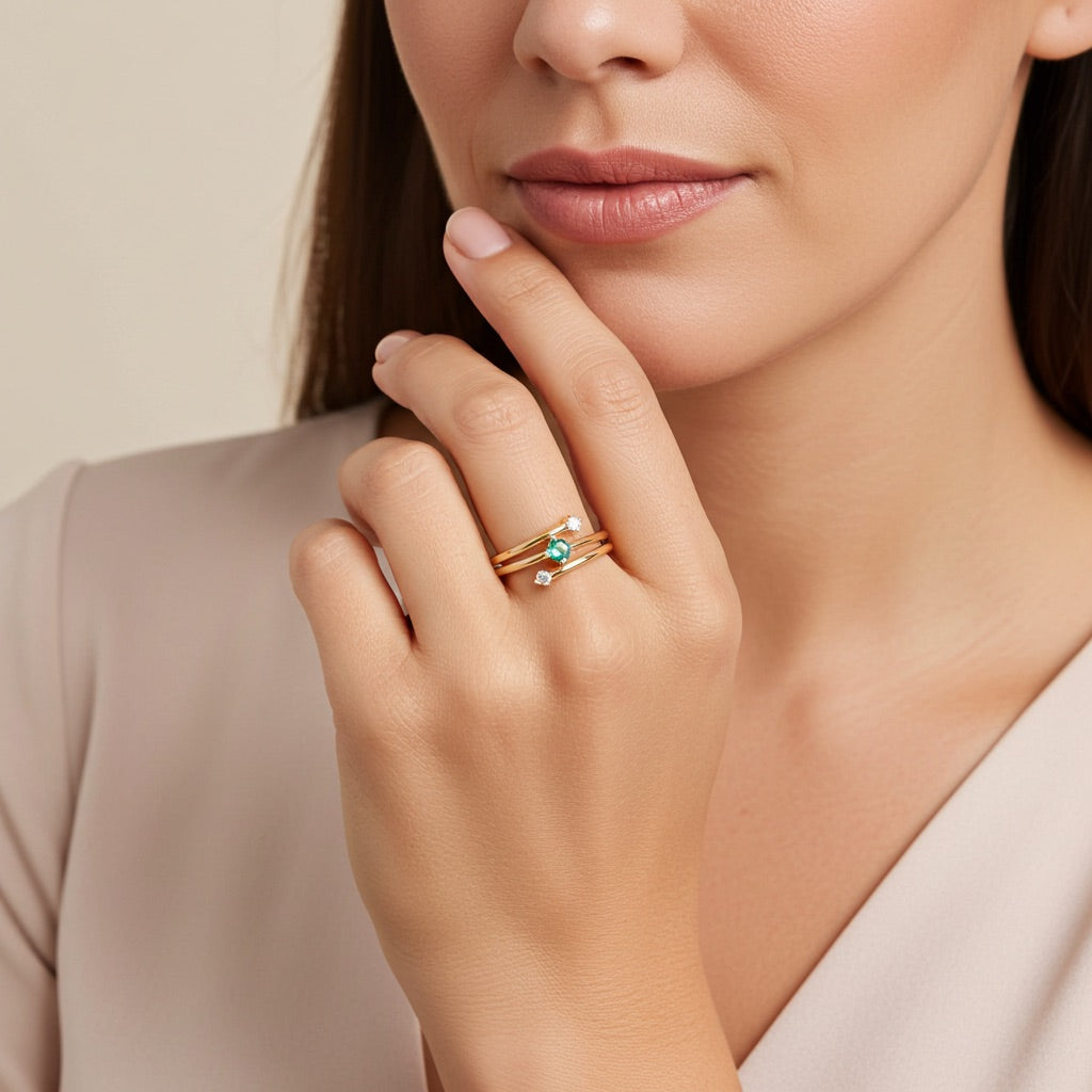 Bague plaqué or double anneau – pierre et zirconiums