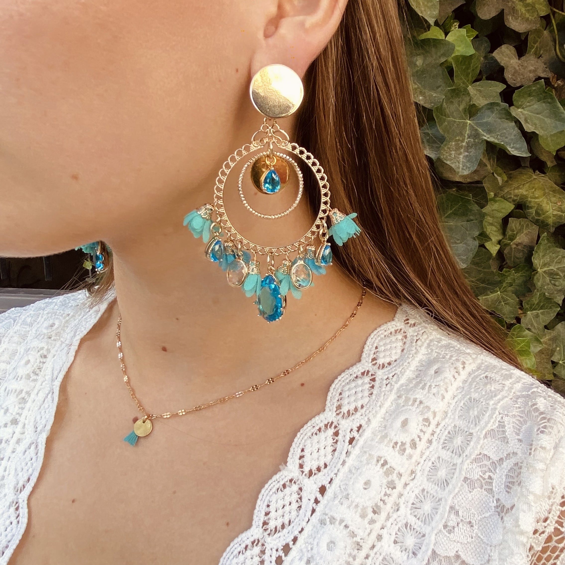 Boucles dorées pendantes Camille - faite main TURQUOISE