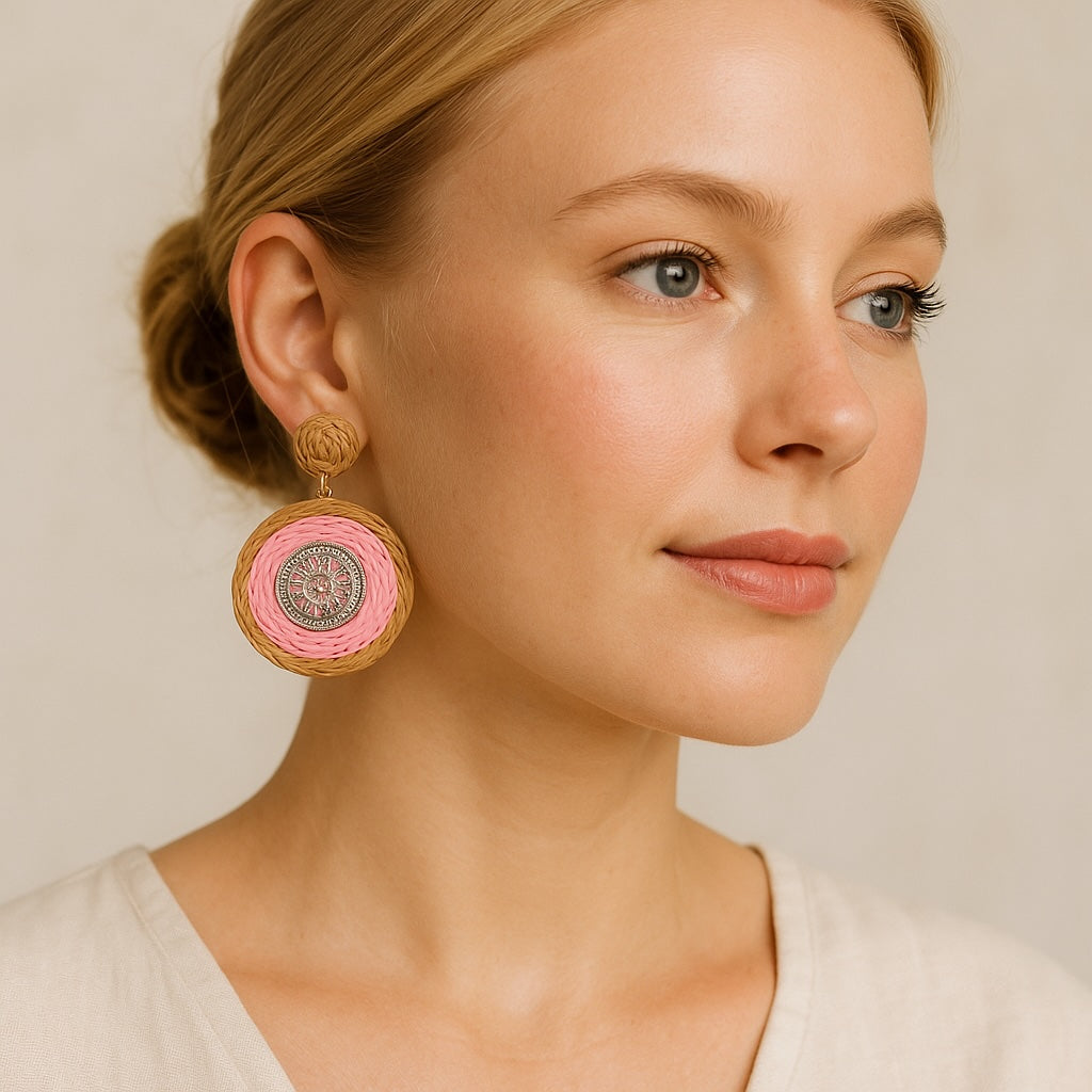 Boucles d’oreilles Solaria - raphia tressé ROSE