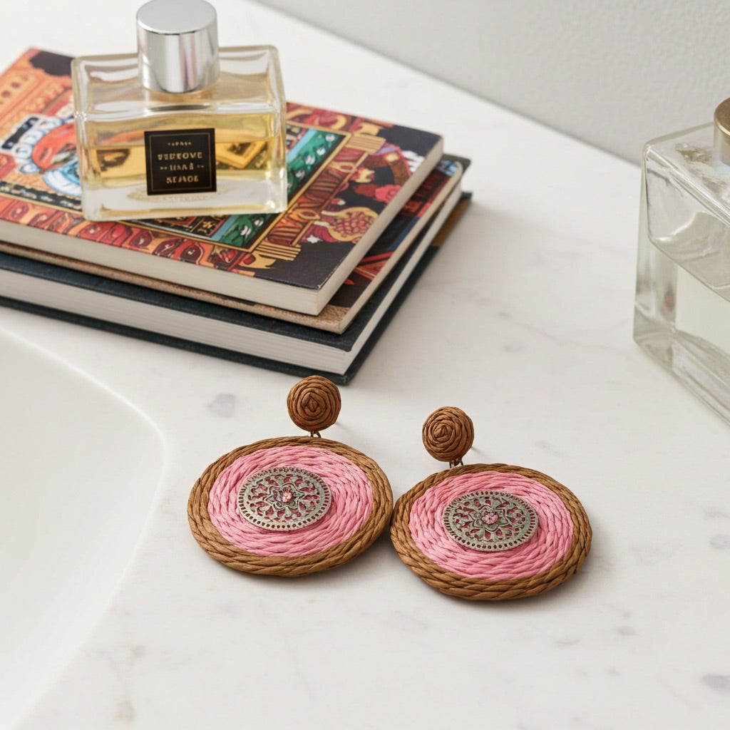 Boucles d’oreilles Solaria - raphia tressé ROSE