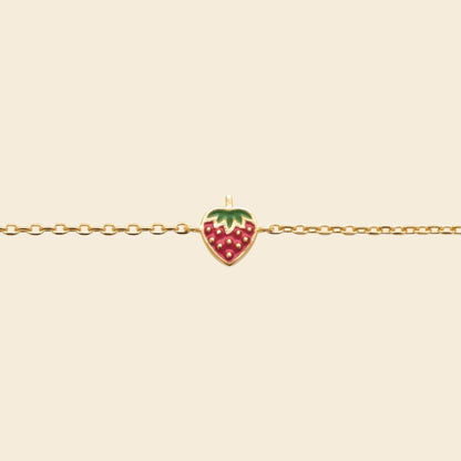 Bracelet fraise plaqué or - émail rouge et vert 