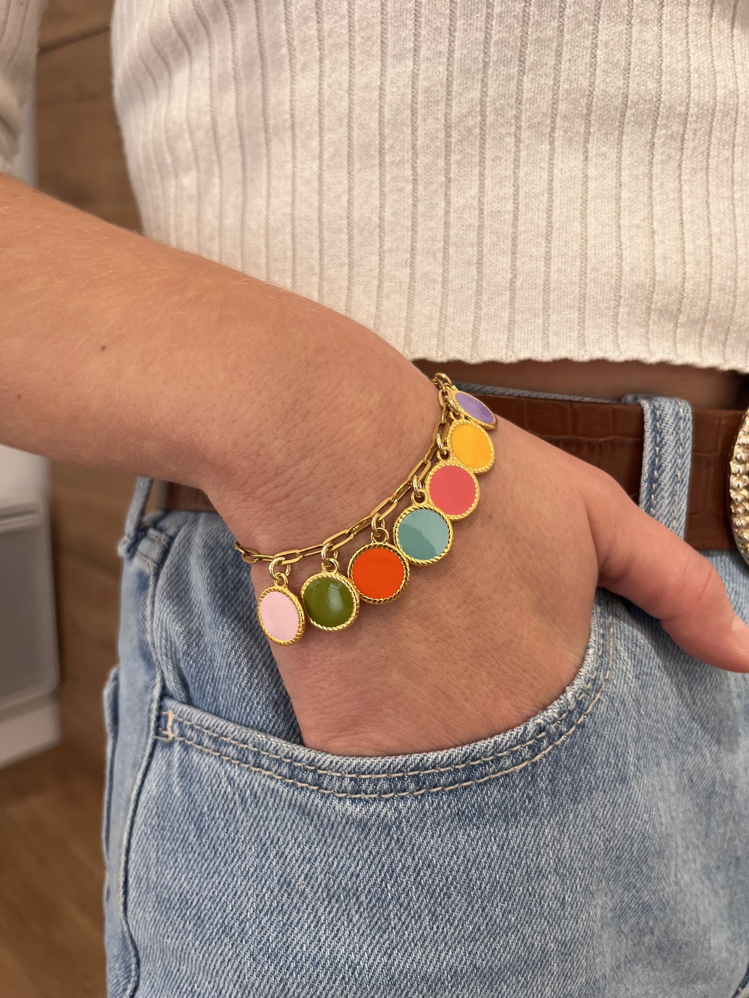 Bracelet pastilles multi Arlequin - acier doré 