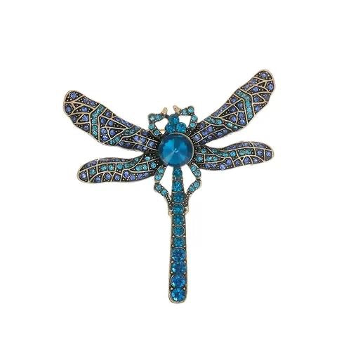 Broche libellule dorée - strass bleu et métal fin TURQUOISE