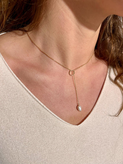 Collier cravate plaqué or &amp; perle de culture 