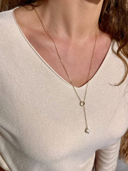 Collier cravate plaqué or &amp; perle de culture 