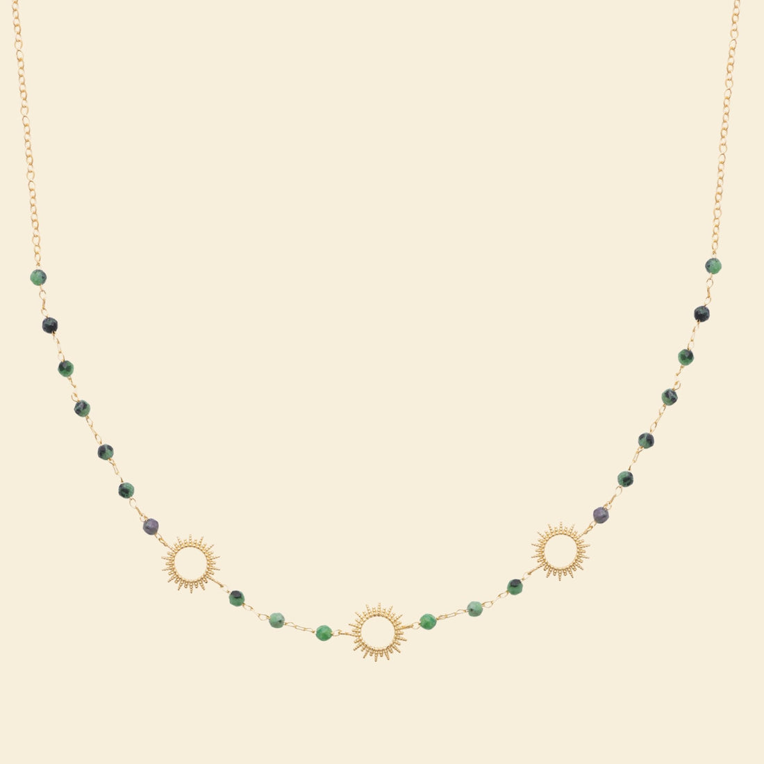 Collier soleil plaqué or - pierre de rubis zoisite 