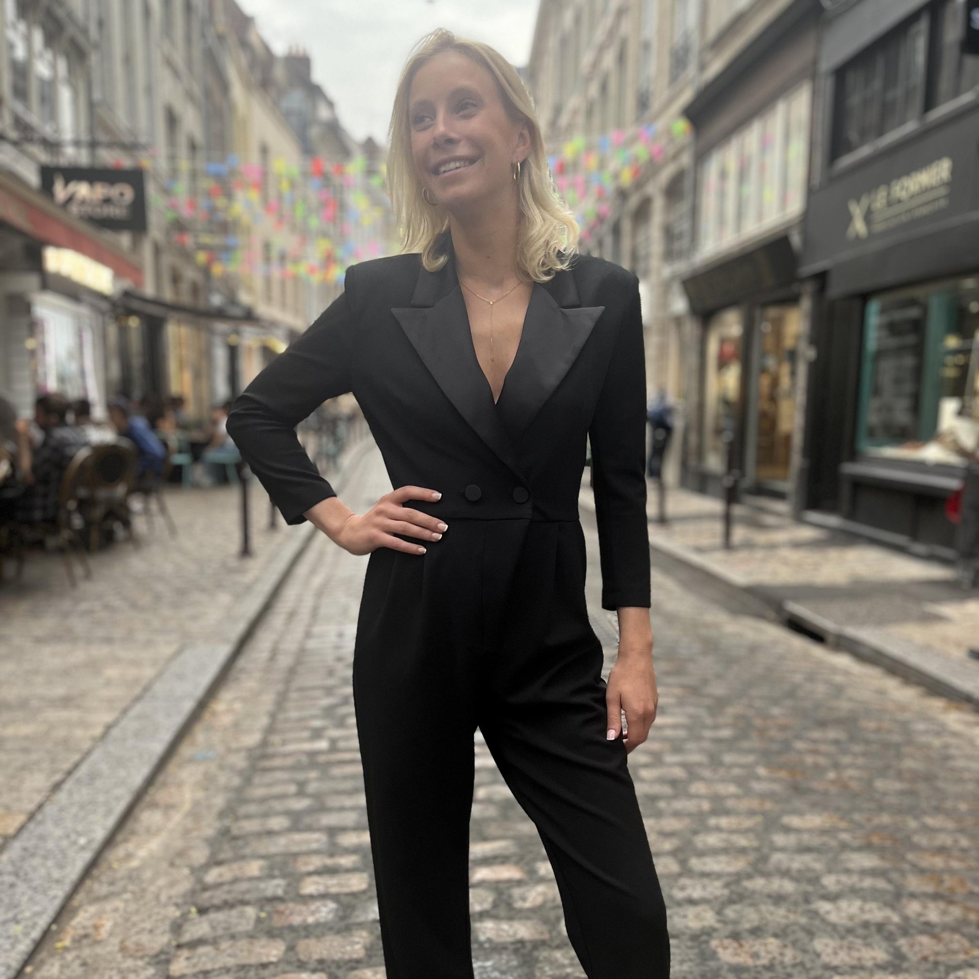 Combinaison pantalon smoking & revers satin NERO