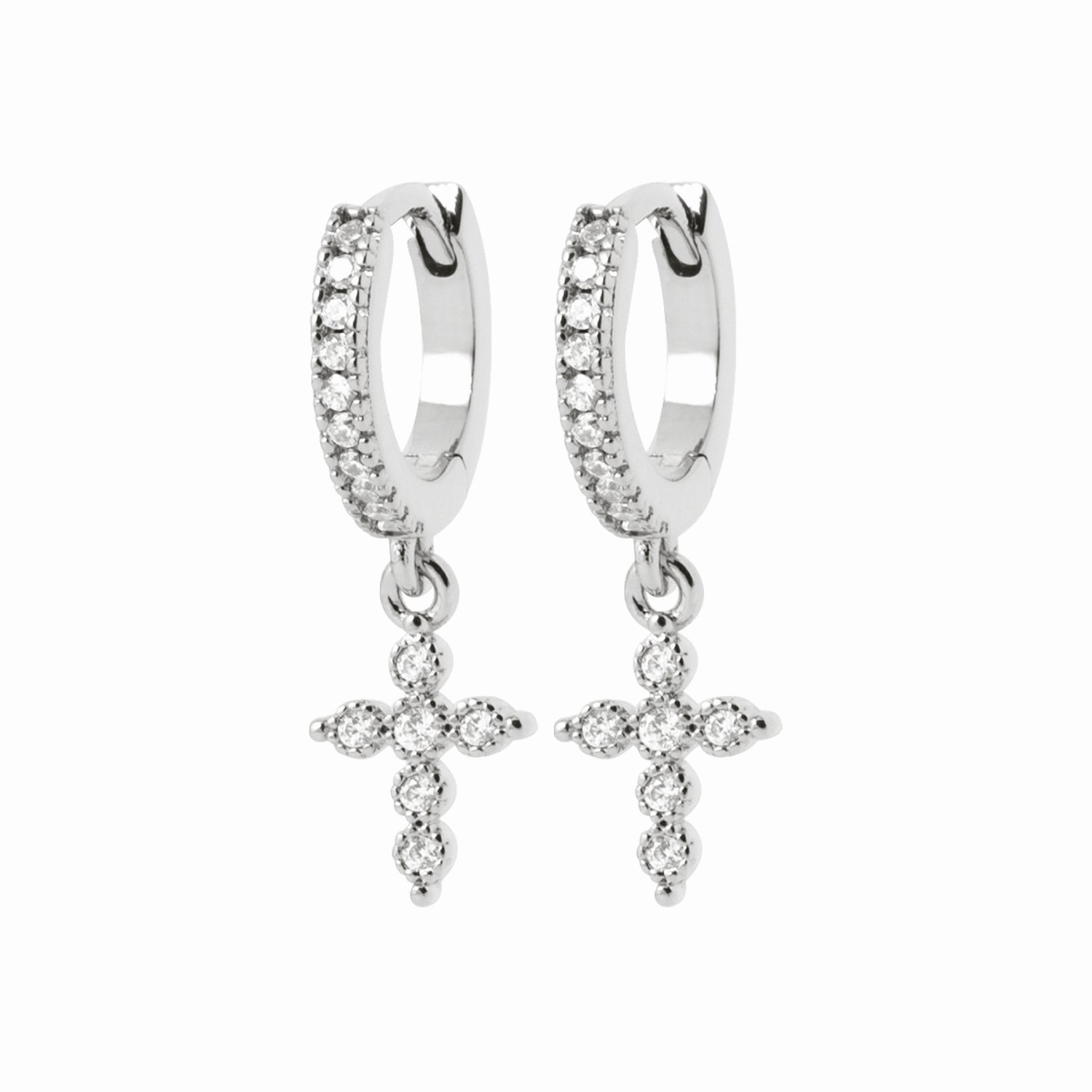 Créoles croix argent rhodié &amp; brillants 