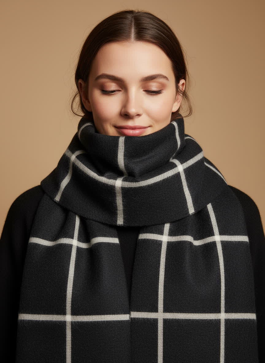 écharpe à carreaux 70x180 cm Flavie – viscose &amp; laine NOIR/ECRU
