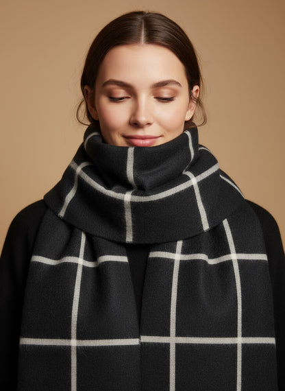écharpe à carreaux 70x180 cm Flavie – viscose &amp; laine NOIR/ECRU