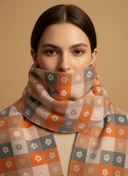 Echarpe fleuris 70x180 Pâquerette – viscose &amp; laine CAMAIEU TAUPE