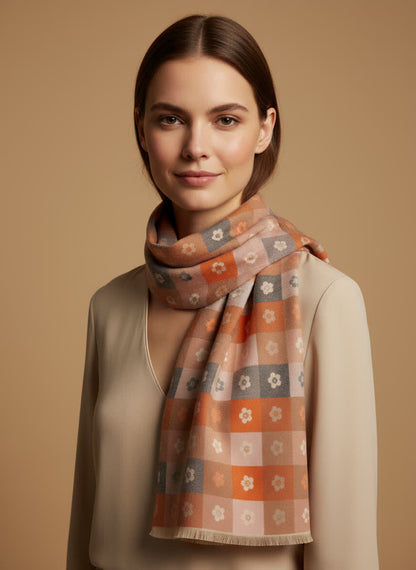 Echarpe fleuris 70x180 Pâquerette – viscose &amp; laine CAMAIEU TAUPE
