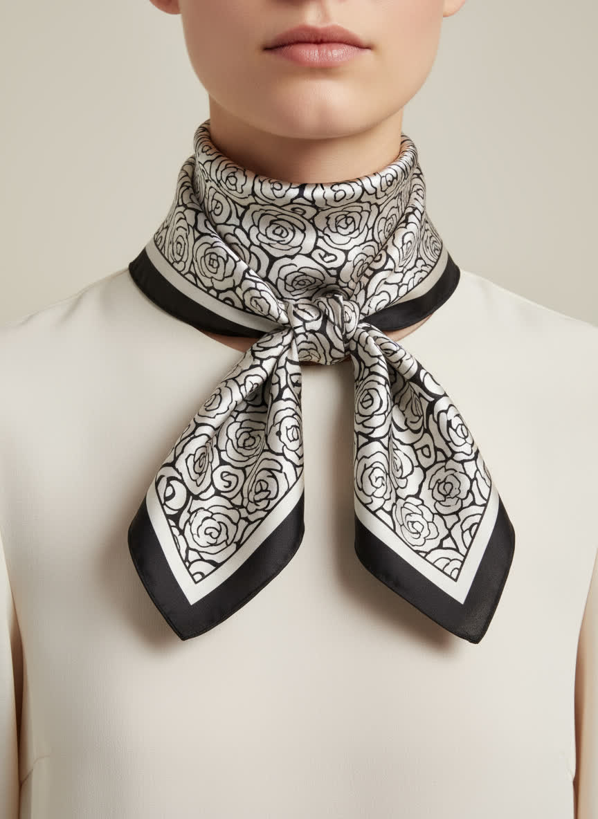 Foulard carré 70x70 – motif floral noir et blanc 
