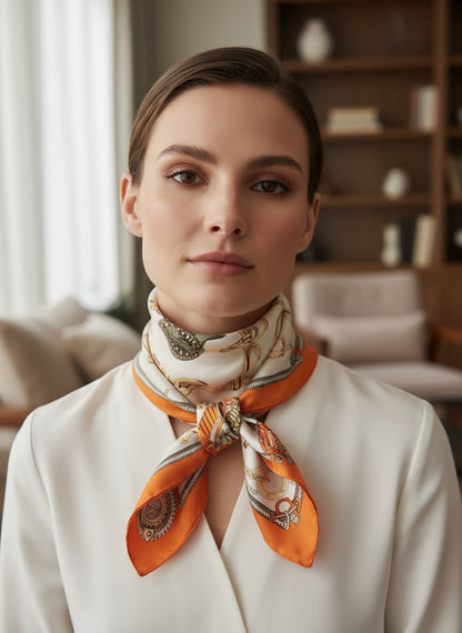 Foulard imprimé 70x70 ORANGE/ECRU