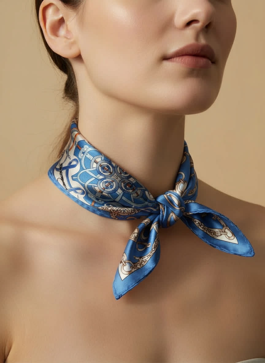 Foulard satiné à motif baroque - 50x50 cm BLEU
