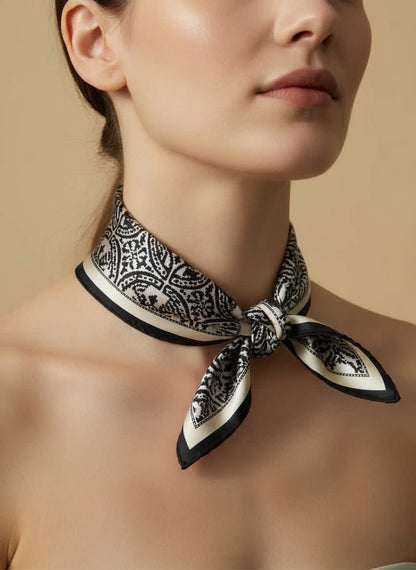 Foulard satiné à motif baroque - 50x50 cm NOIR/ECRU