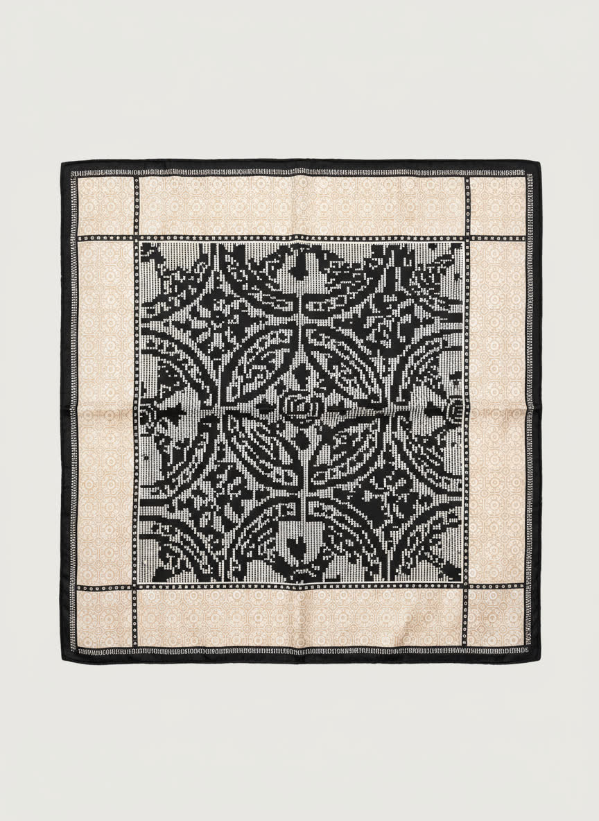 Foulard satiné à motif baroque - 50x50 cm NOIR/ECRU