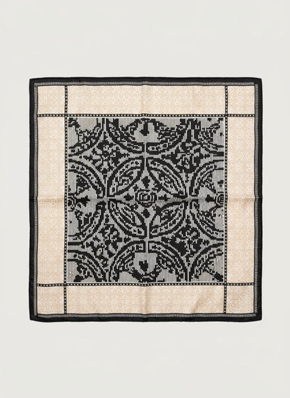 Foulard satiné à motif baroque - 50x50 cm NOIR/ECRU