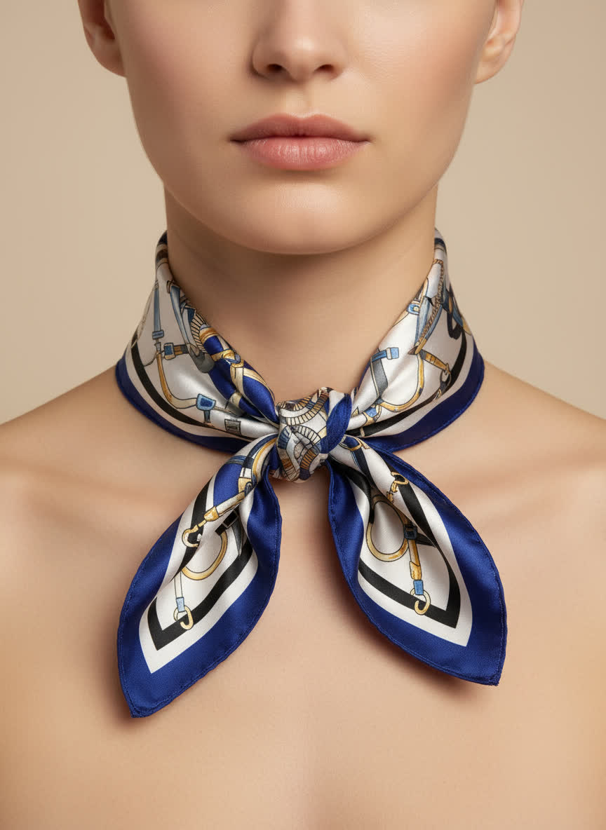 Foulard satiné à motif baroque - 50x50 cm ROYAL/BLANC