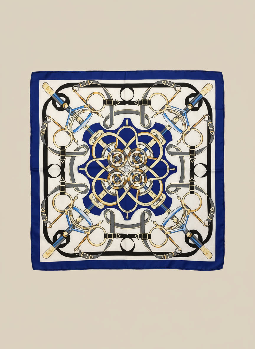 Foulard satiné à motif baroque - 50x50 cm ROYAL/BLANC