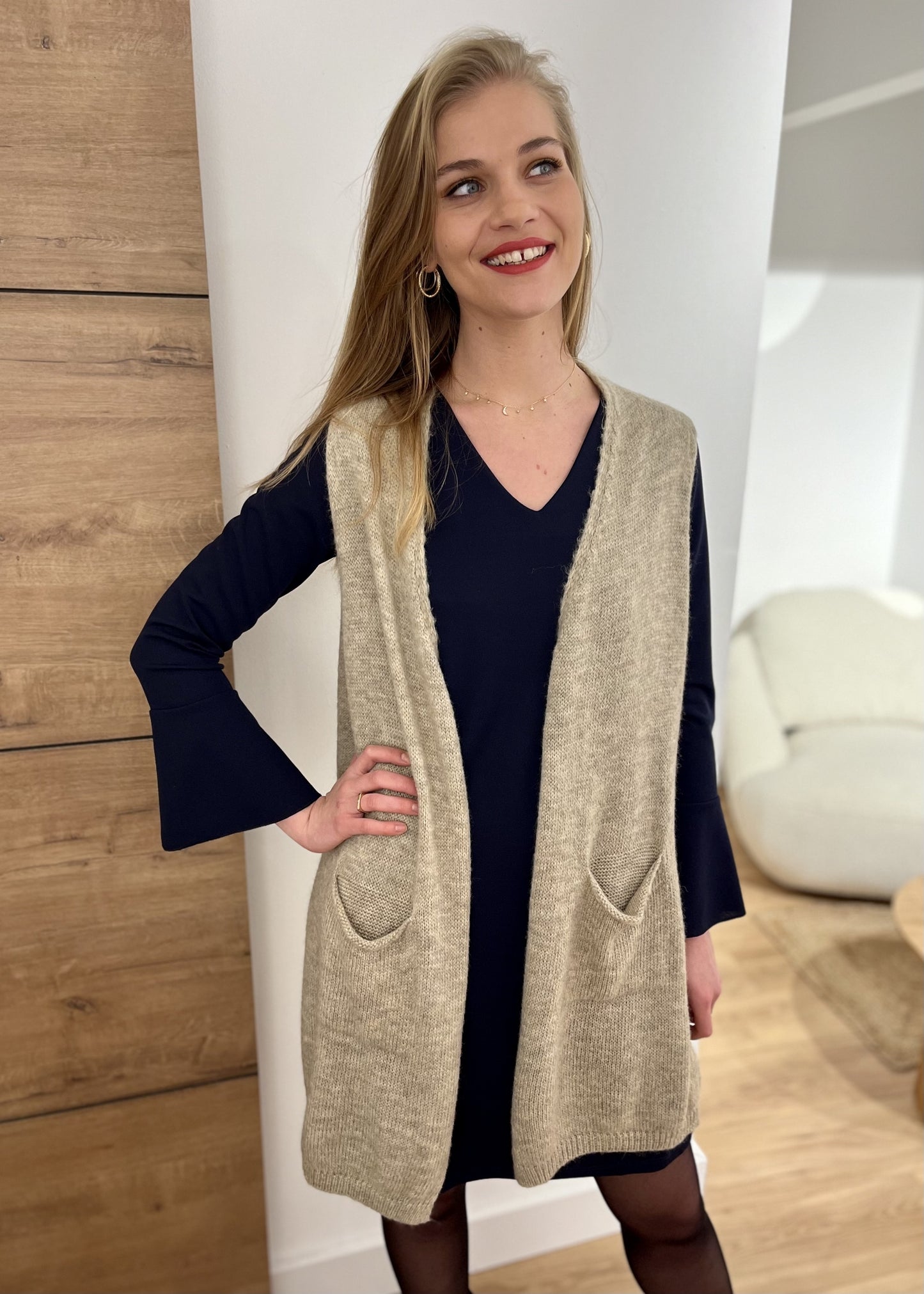 Gilet long sans manches Garance TAUPE