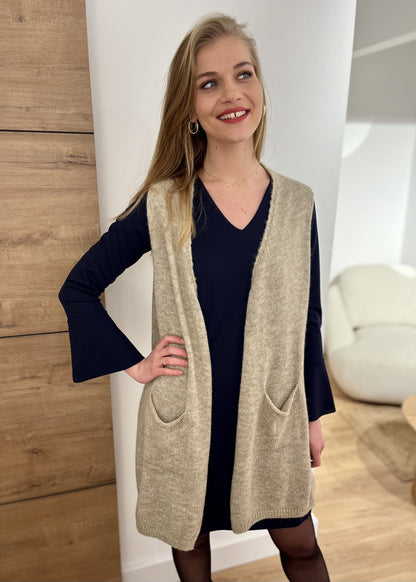 Gilet long sans manches Garance TAUPE