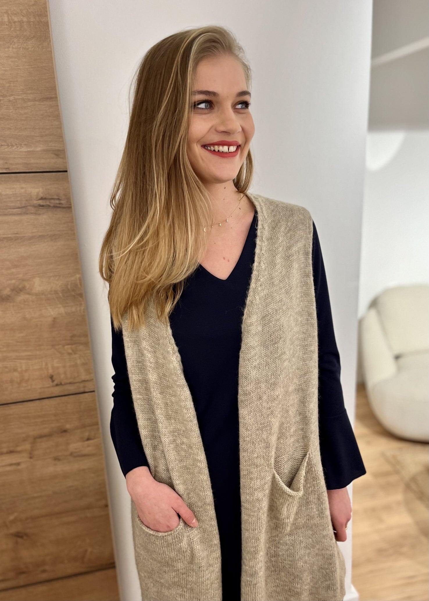 Gilet long sans manches Garance TAUPE