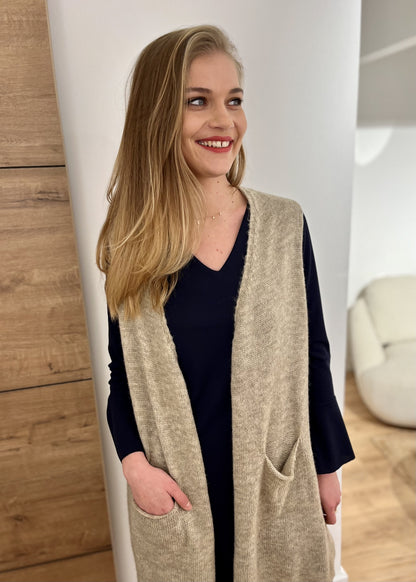 Gilet long sans manches Garance TAUPE