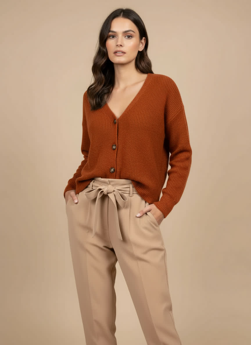 Gilet réversible maille douce Capucine - boutons marbrés TERRACOTTA