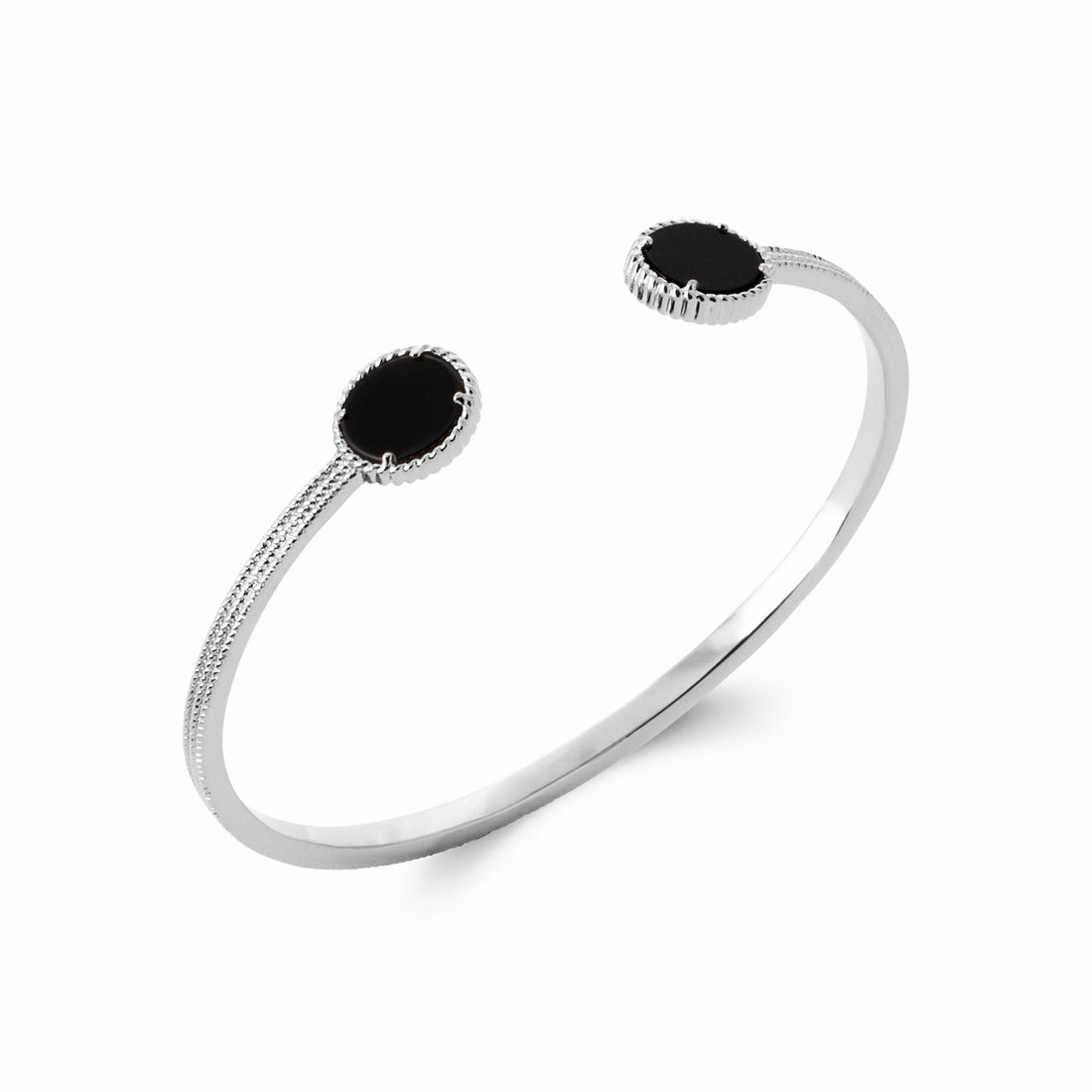 Jonc argent rhodié agate noire 