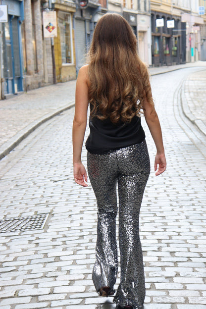 Pantalon flare à sequins - effet scintillant GRIS PAILLETE